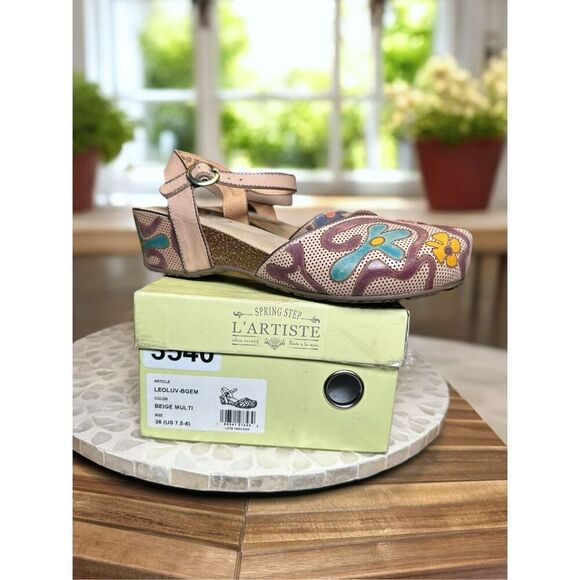 Spring Step L’Artiste Leoluv Mary Jane Sandals 38 US 7.5-8 Beige Multi Handpaint - Picture 2 of 16